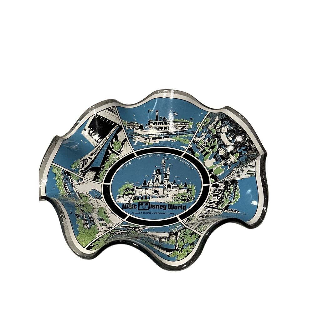 VINTAGE DISNEY Glass Ashtray Tray Disneyana Walt World Magic Kingdom Dish 7"